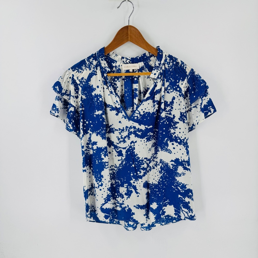 Caballero Flutter Sleeve Top Blue White Medium Abstract Ruffle Coastal Boho